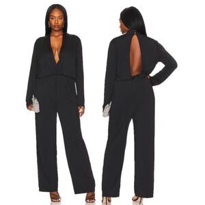 REMI x Revolve black open back faux wrap wide leg Robin jumpsuit XL NEW